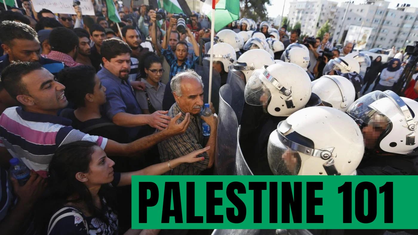 Words 'Palestine 101' with group of people behind with Palestine flags