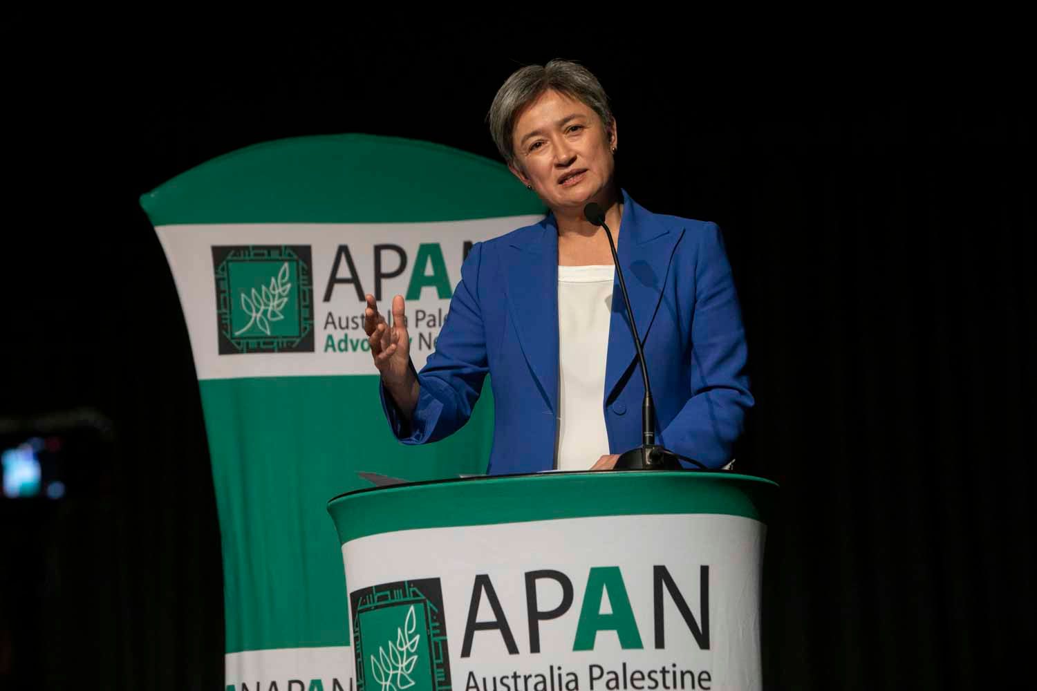 Photo of Penny Wong with APAN banner