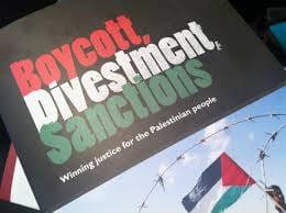 Photo of words Boycott Divesment, Sanction and Palestnian flag