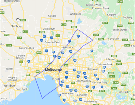 Map of Gaza over Melbourne, which shows it covers only about a quarter of the city