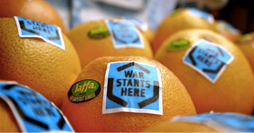 Photos of oranges with stickers "war starts here"