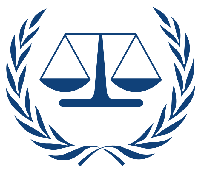 Logo of International Criminal Court, scales in middle with blue olive branches around the side
