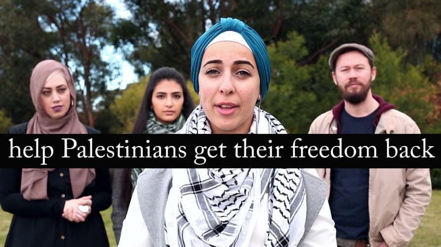 Photo of video with five young people and caption "Help Palestinians get their freedom back"