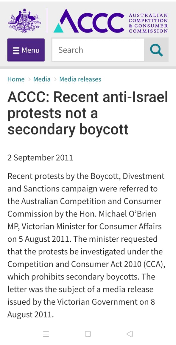 Screenshot of this https://www.accc.gov.au/media-release/accc-recent-anti-israel-protests-not-a-secondary-boycott