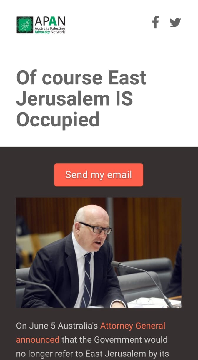 Screenshot of APAN campaign to email parliametnrians - East Jerusalem is occupied