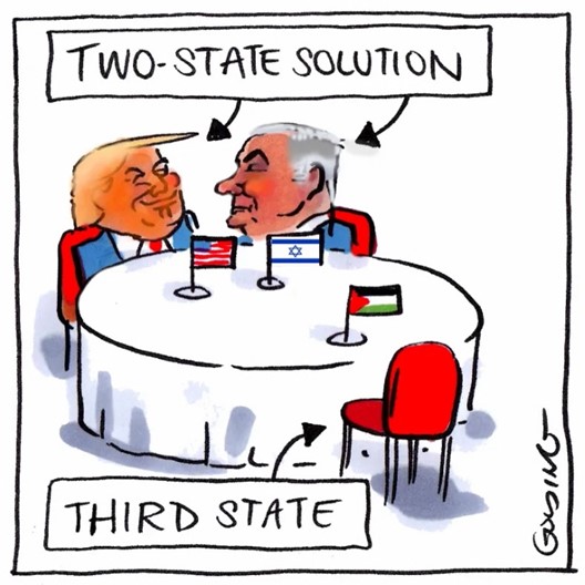 Cartoon with US President Trump with Israeli PM Netanyahu with caption 'two state solution' and empty chair with Palestinian flag labeled 'third state'