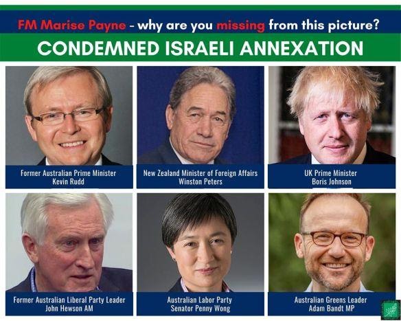 Faces of people who have condemned Israeli annexation: Former PM Kevin Rudd; former Leader of the Opposition John Hewson; UK PM Boris Johnson, Foreign Affairs Shadow Minister Penny Wong and Leader of Australian Greens Adam Bandt