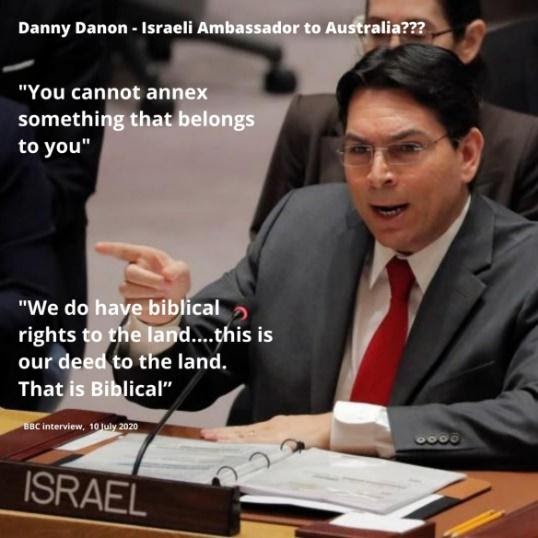 Photo of Danny Dannon with a quote suggesting he thinks Israel has a biblical right to all the land