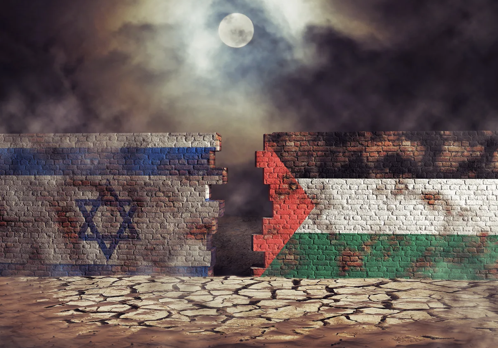 Image of flags of Palestine and Israel painted on cracked wall