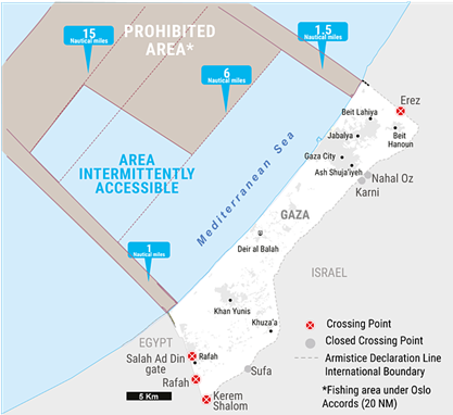 Map of Gaza with restrictions to sea and land