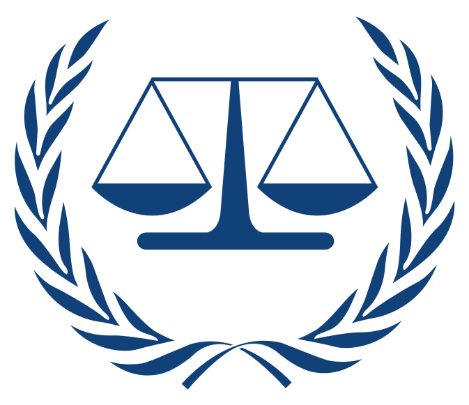 Logo of International Criminal Court, scales in middle with blue olive branches around the side
