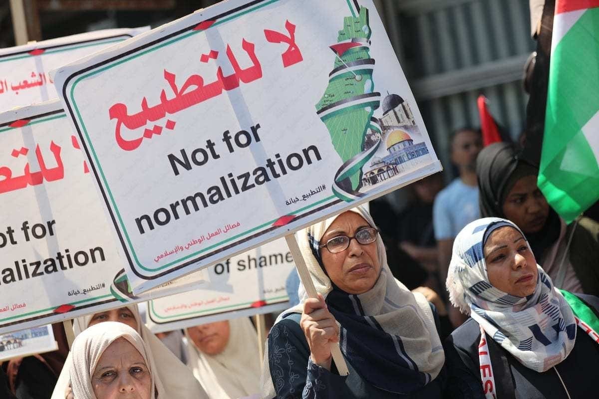 Photo of protest with signs 'no to normalisation' 