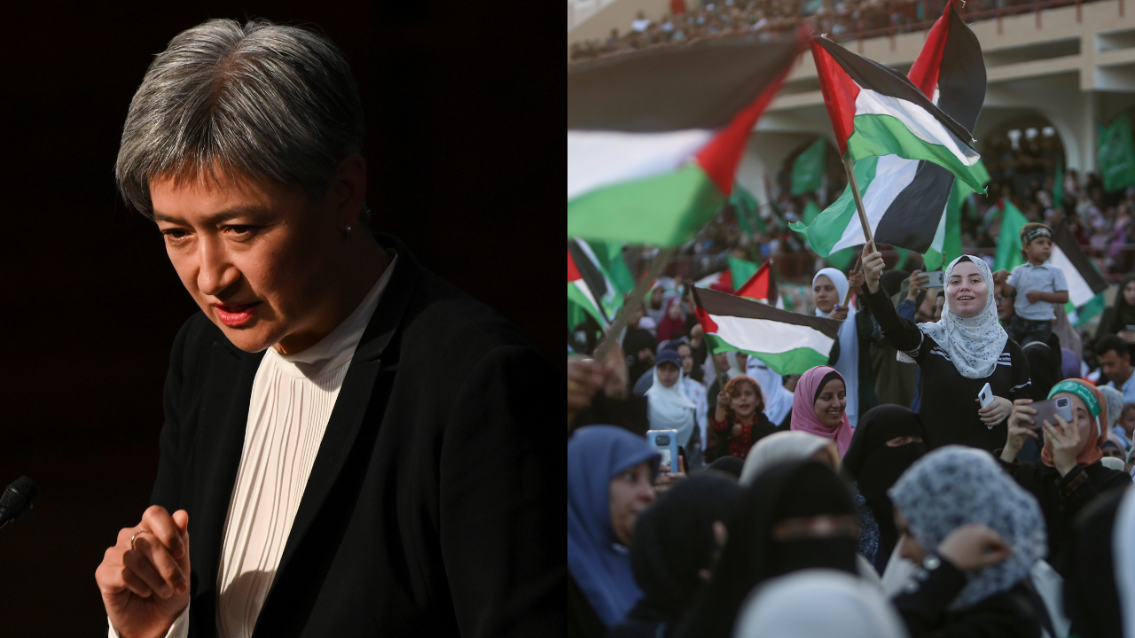 Photo of Penny Wong and Palestinians waving their national flag