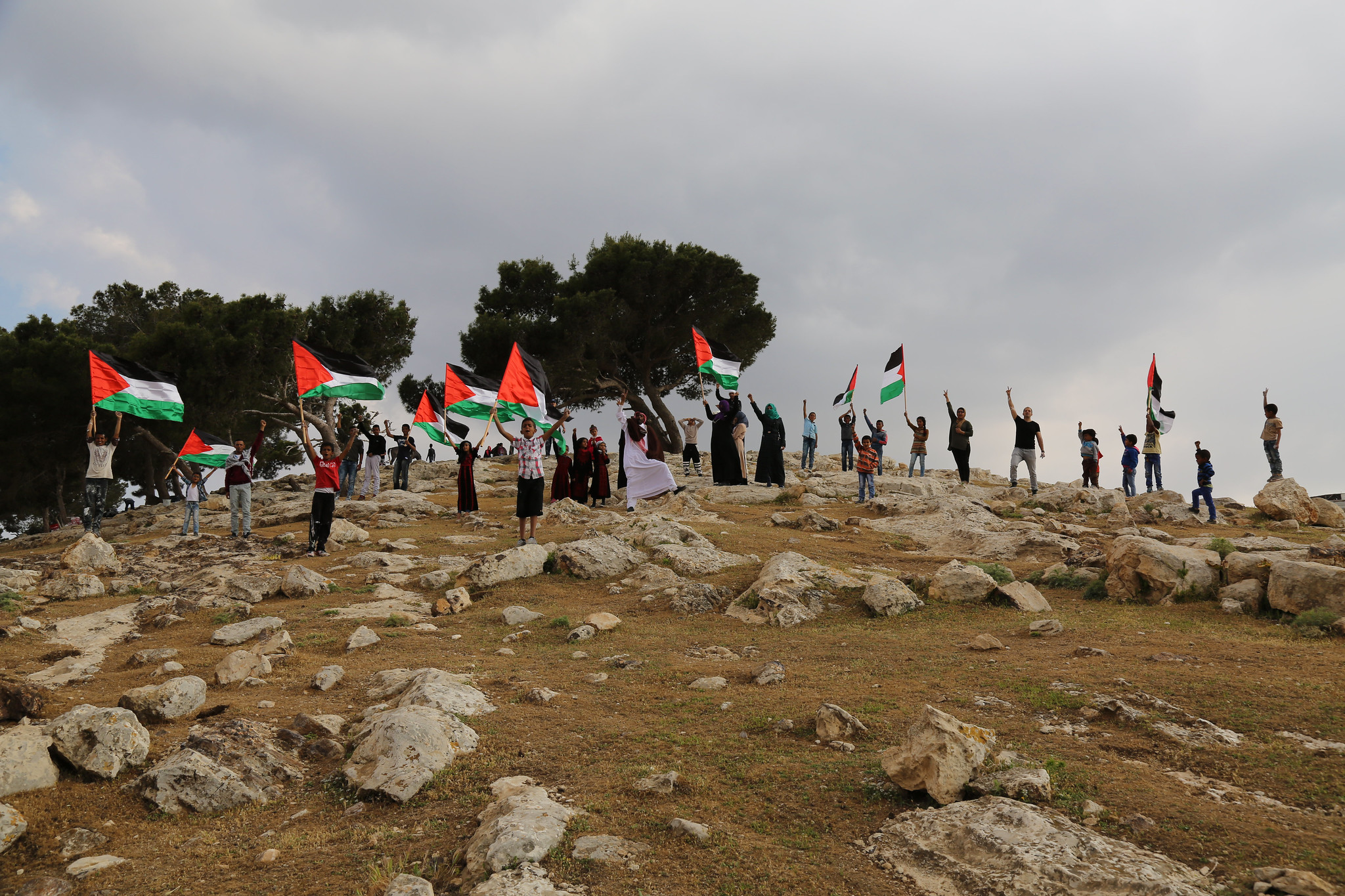 Palestinians standing on rocky hill with Palestinian flags