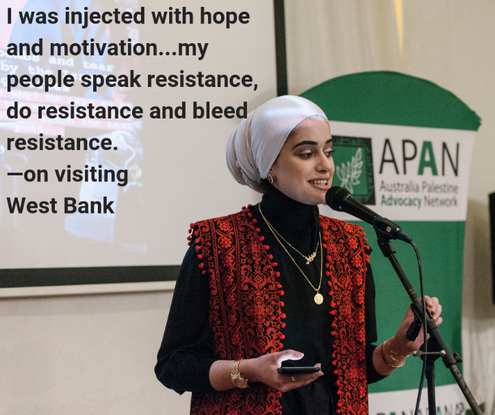 Photo of two Australian parliamentarians twalkign with two Palestinian women with produce, with caption "Australian parliamentarians visiting agricultural industries funded by Australian aid and delivered by Oxfam Australia in the West Bank."